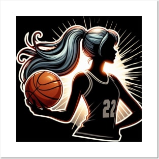 silhouette of female basketball player Posters and Art